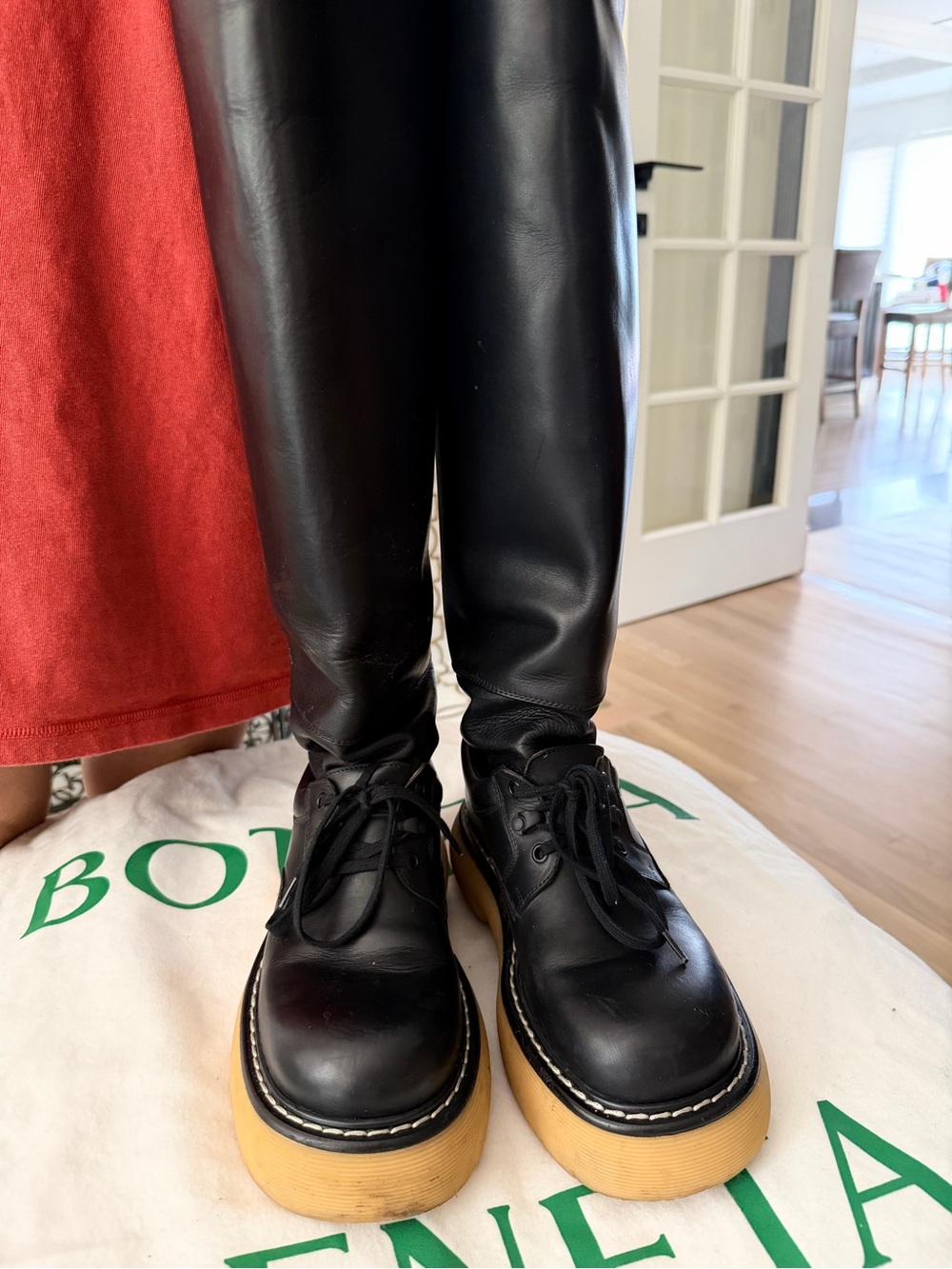 Bottega Veneta Black Leather Tall Lace-Up Boots with Tan Platform Sole